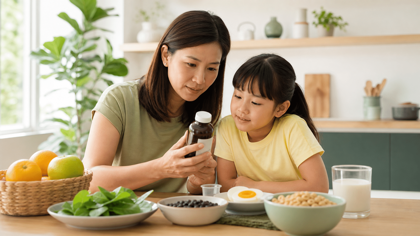 Parent and child comparing a liquid children's multivitamin with iron alongside balanced foods