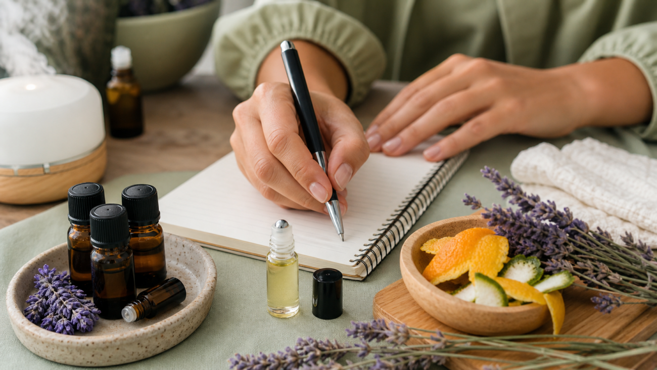 Essential oils, diffuser, herbs and notebook for aromatherapy safety learning