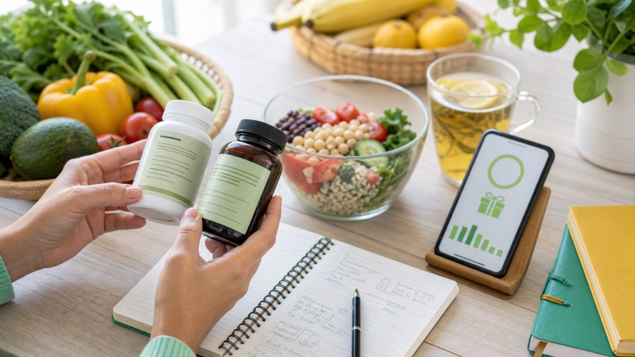 Balanced food ingredients, supplement labels and rewards notes for smart wellness shopping