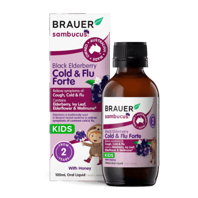 Brauer Sambucus Cold and Flu Forte Kids 100ml bottle and box
