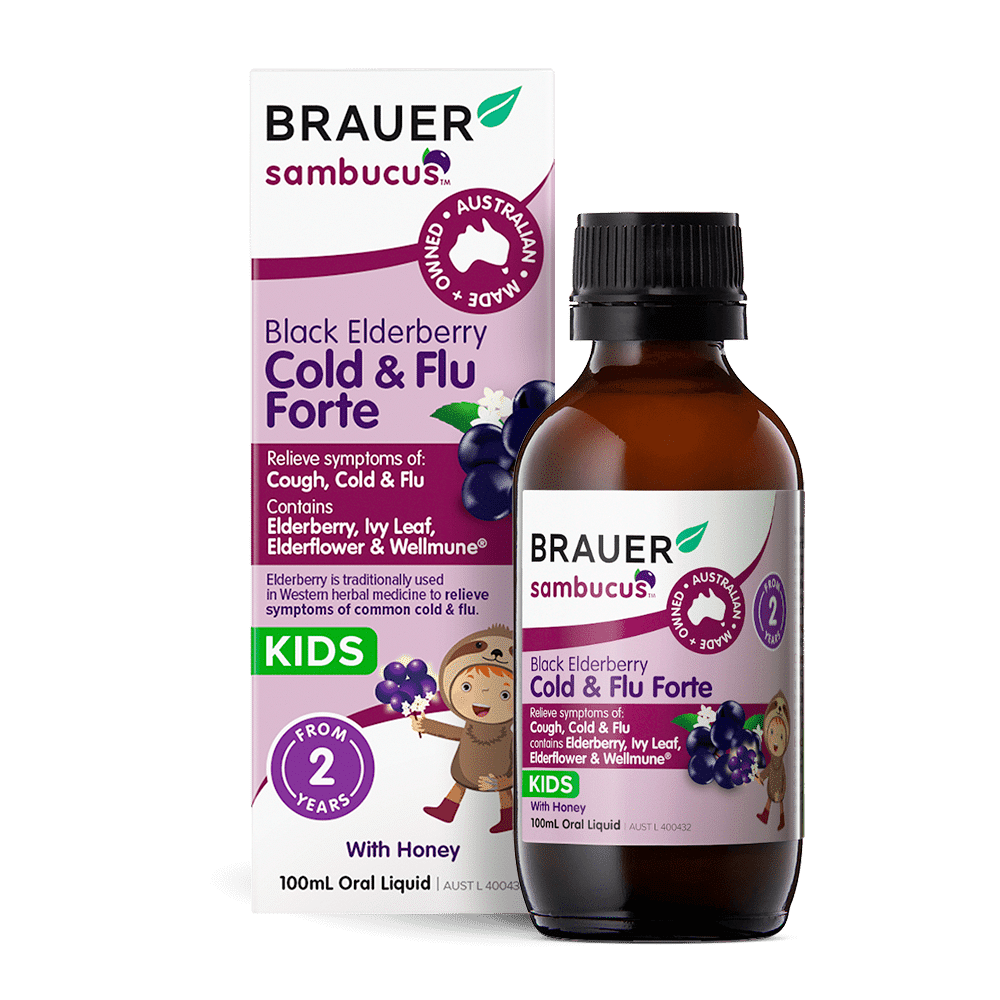 Brauer Sambucus Cold and Flu Forte Kids 100ml Bottle and Box - Threeleaf Wellness Club Brauer Sambucus Cold and Flu Forte Kids 100ml bottle and box