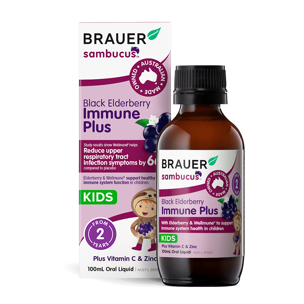 Brauer Sambucus Immune Plus Kids 100ml Bottle and Box - Threeleaf Wellness Club Brauer Sambucus Immune Plus Kids 100ml bottle and box