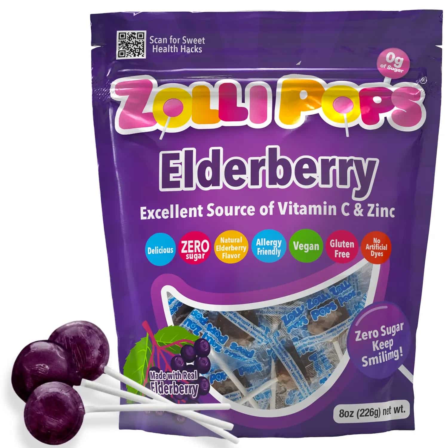 850022733994 - Zollipops Elderberry Assorted Fruit, 226g. - Threeleaf Wellness Club 850022733994 - Zollipops Elderberry Assorted Fruit, 226g.