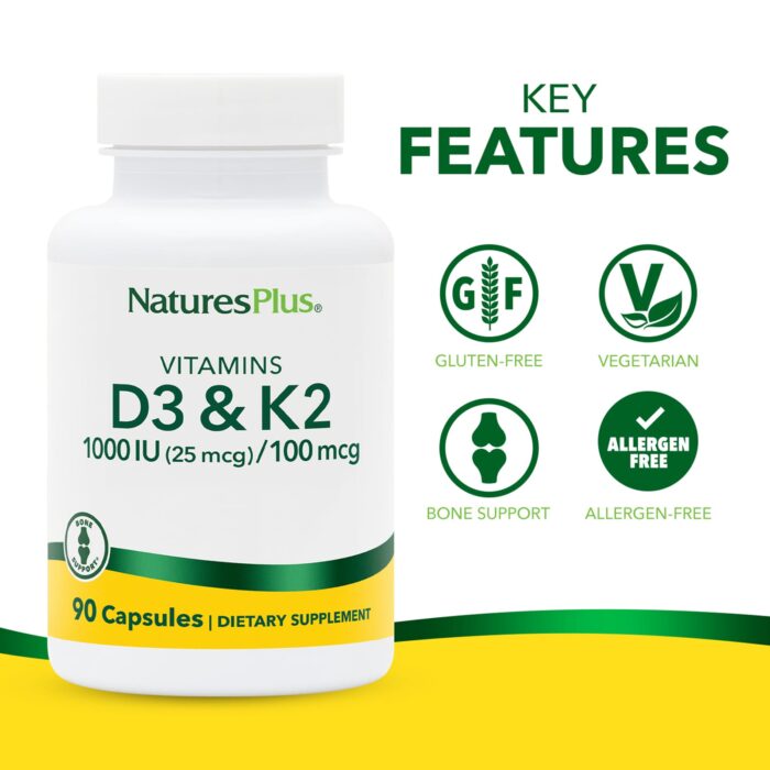 NaturesPlus Vitamin D3 1000 IU & K2 MK-7 100 mcg, 90 Vegetarian Capsules - product photo 3