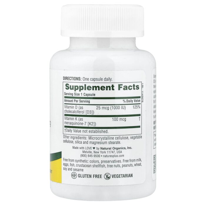 NaturesPlus Vitamin D3 1000 IU & K2 MK-7 100 mcg, 90 Vegetarian Capsules - product photo 2