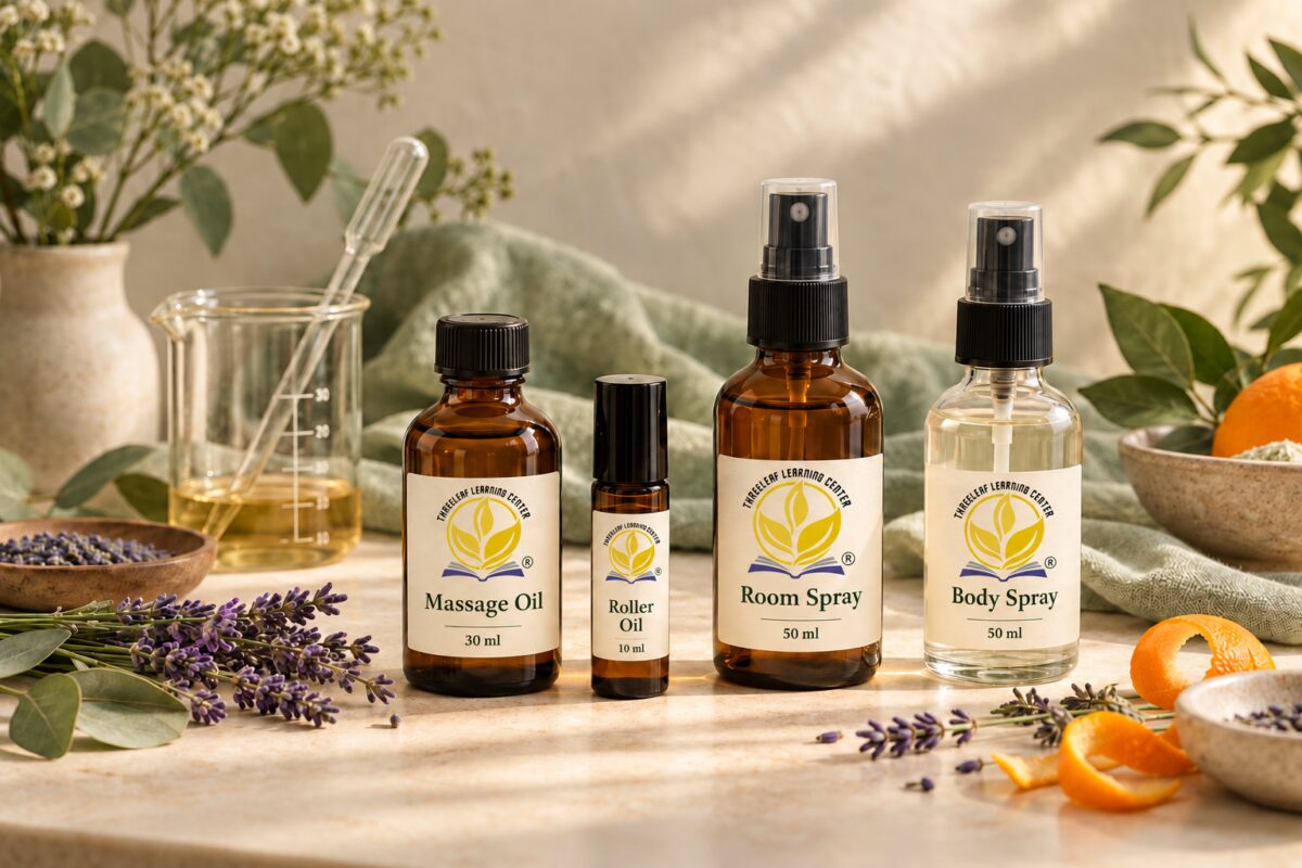 Threeleaf Aroma Studio - Workshop Image - Threeleaf Wellness Club Illustrative Threeleaf massage oil, roller oil, room spray and body spray with labelled bottles