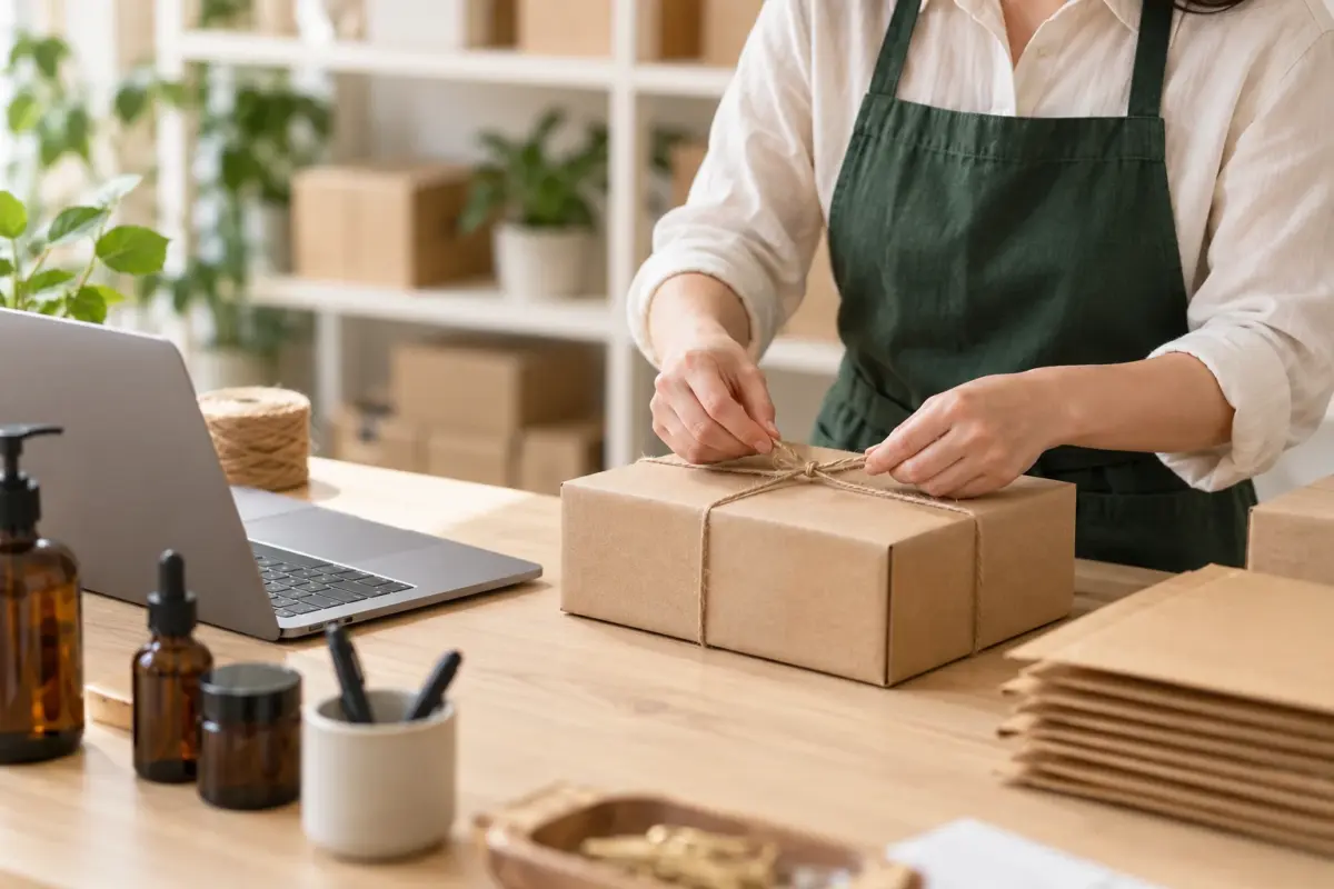 Illustrative E-commerce Packing Workspace - Threeleaf Wellness Club Illustration of careful parcel packing at an organised e-commerce workspace.